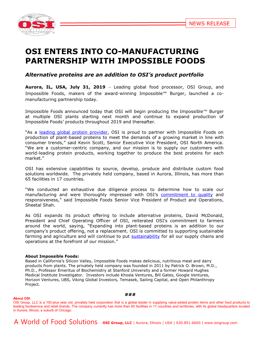 Osi Enters Into Co-Manufacturing Partnership with Impossible Foods