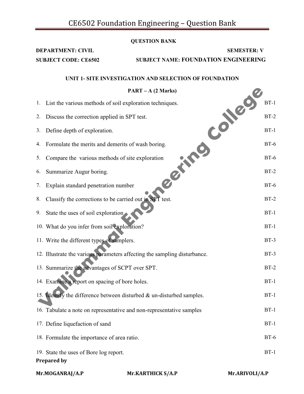 CE6502 Foundation Engineering – Question Bank