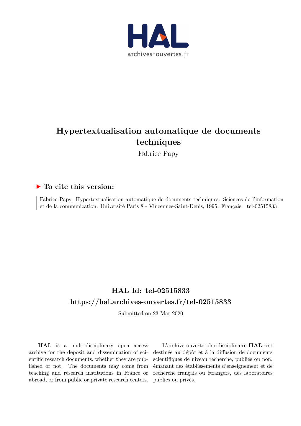 Hypertextualisation Automatique De Documents Techniques Fabrice Papy