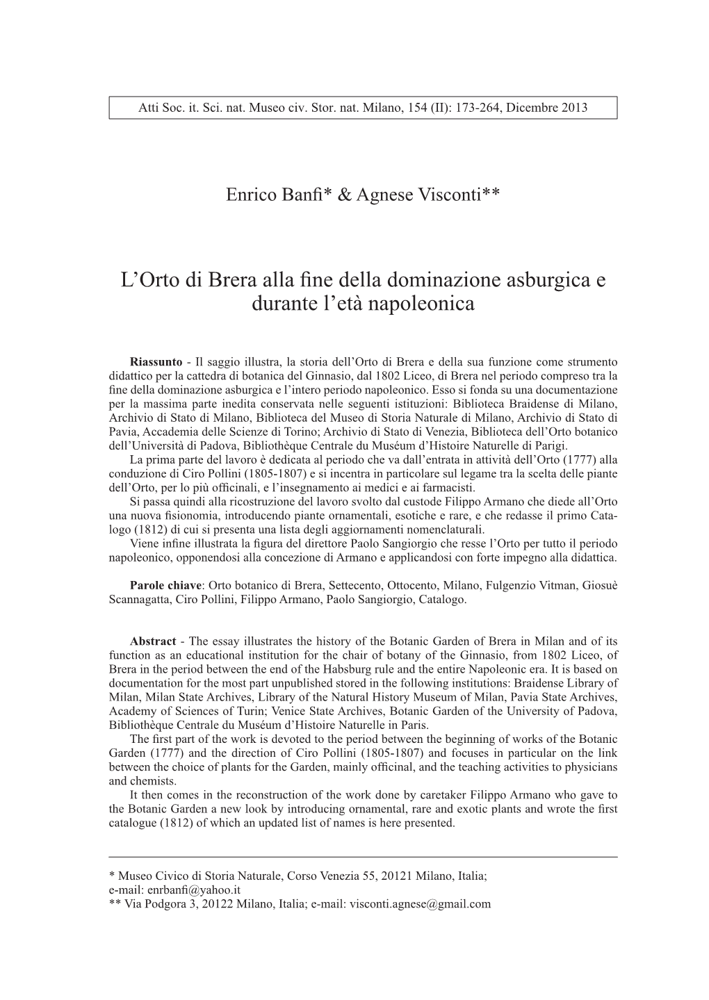 L'orto Di Brera Alla Fine Della Dominazione Asburgica E Durante L