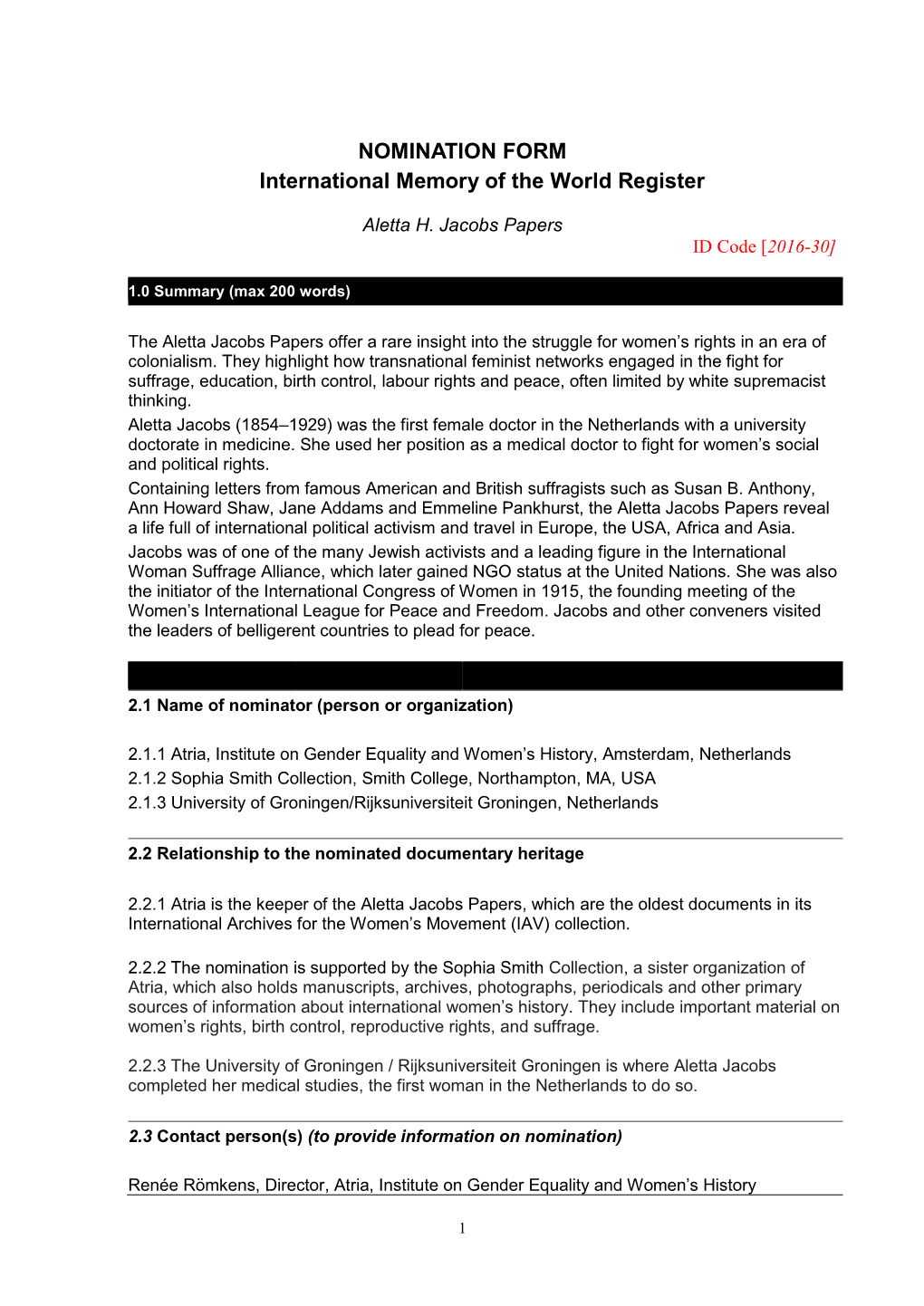 NOMINATION FORM International Memory of the World Register