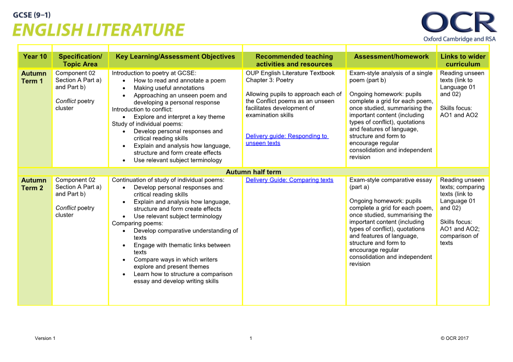 OCR GCSE English Literature Scheme of Work