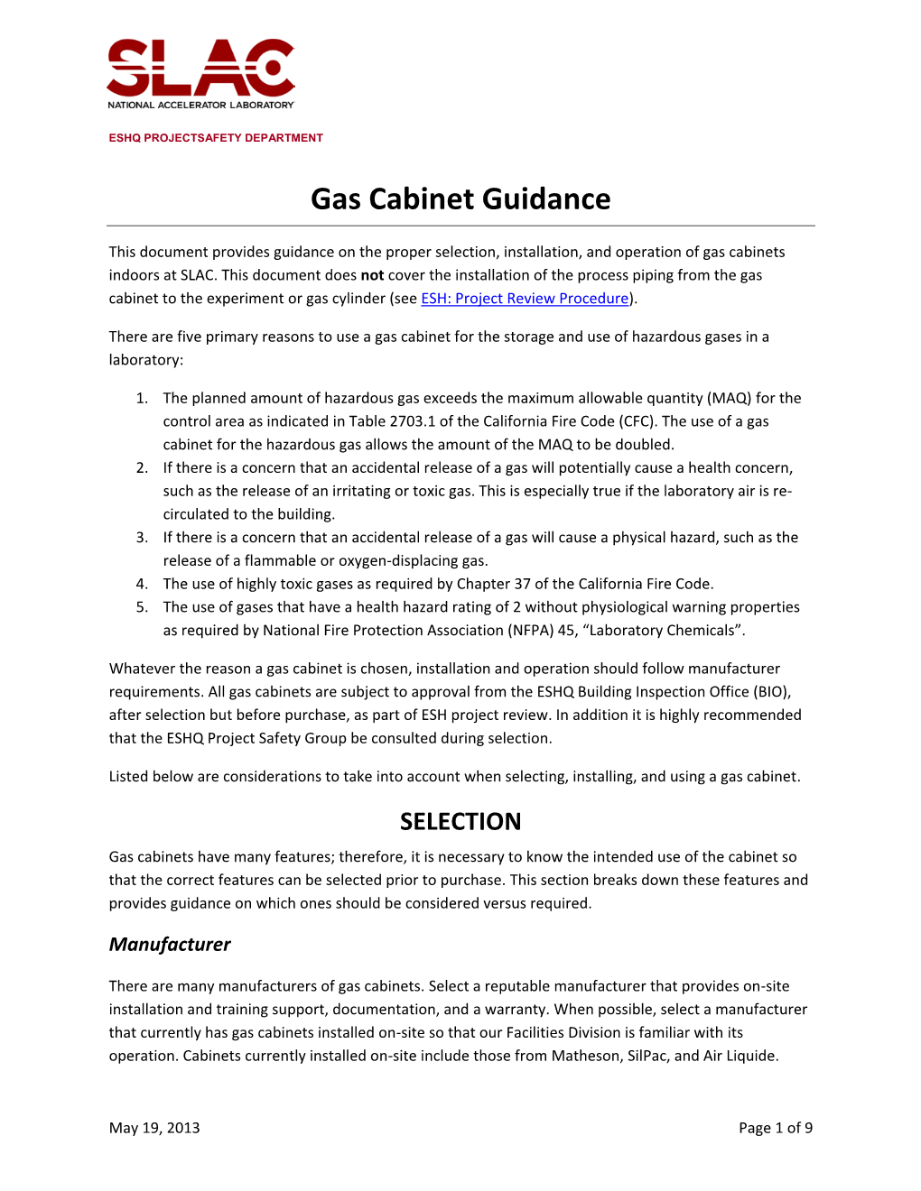 Gas Cabinet Guidance