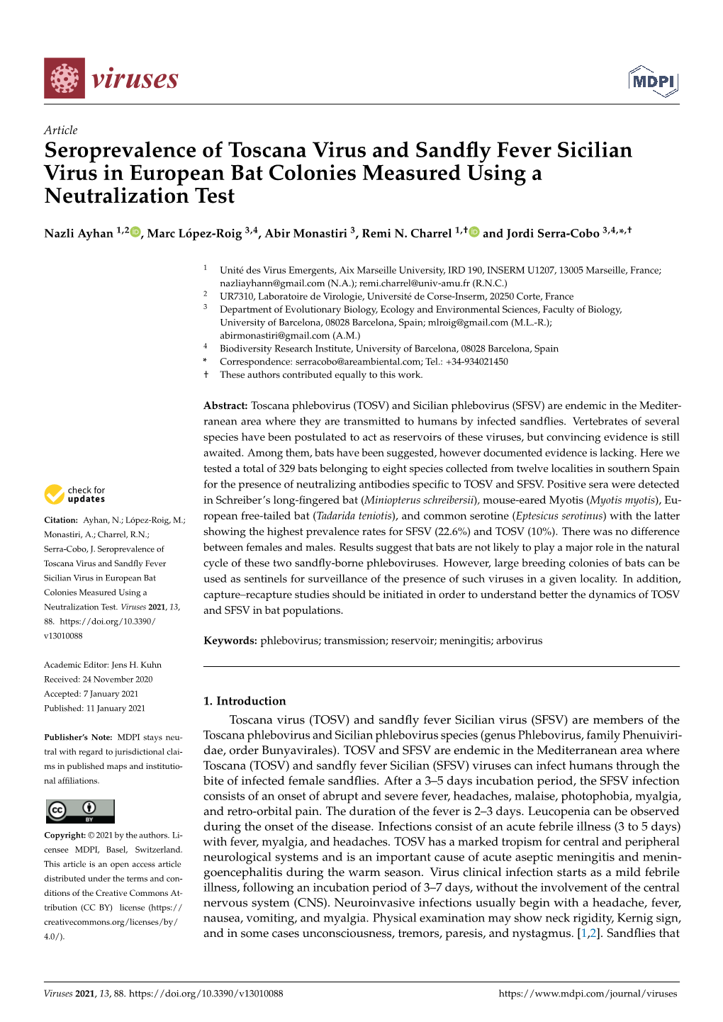 Seroprevalence of Toscana Virus and Sandfly Fever Sicilian Virus in European Bat Colonies Measured Using a Neutralization Test