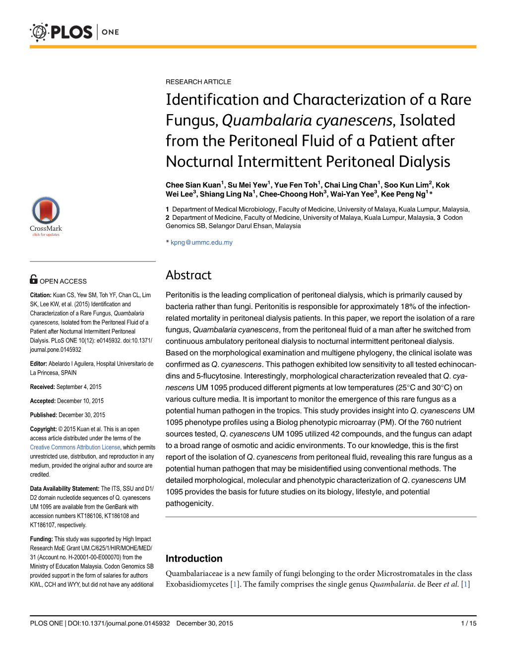 Identification and Characterization of a Rare Fungus, Quambalaria