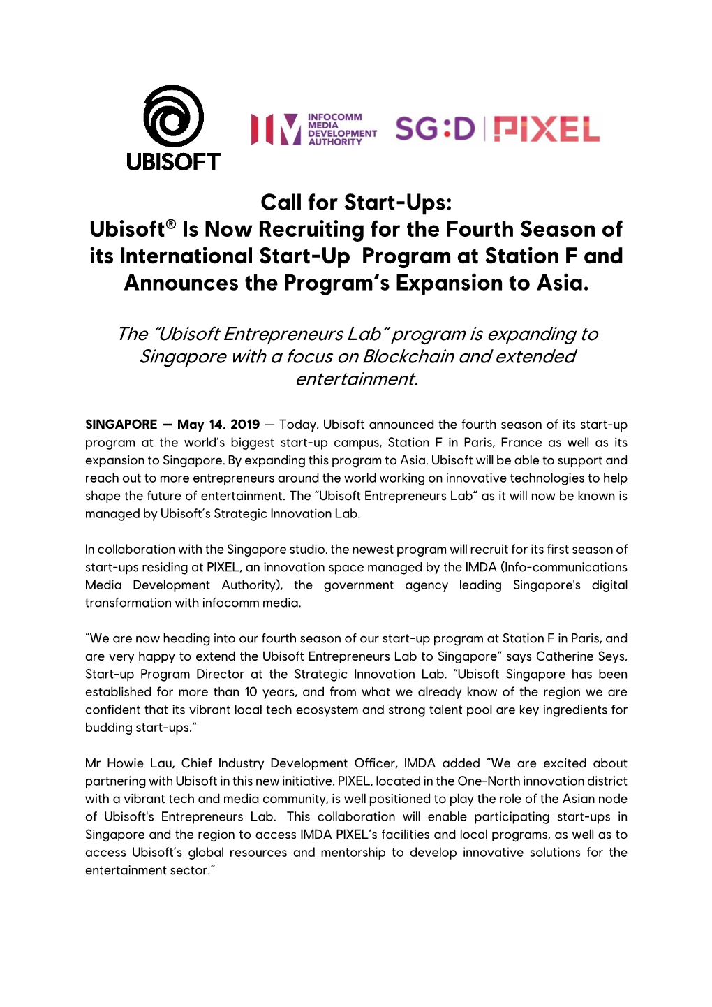 Ubisoft® Is Now Recruiting for the Fourth Season of Its International Start-Up Program at Station F and Announces the Program’S Expansion to Asia