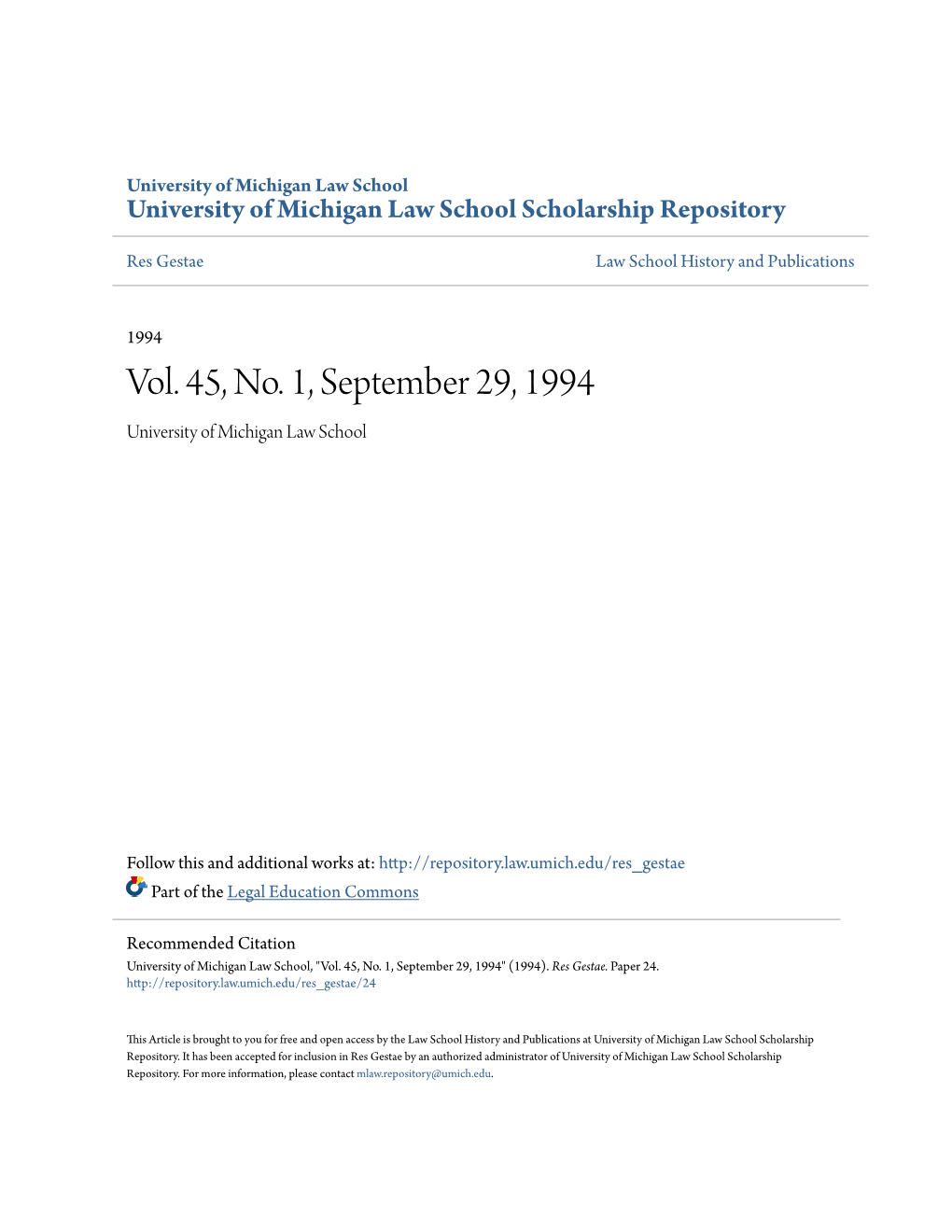 Vol. 45, No. 1, September 29, 1994 University of Michigan Law School