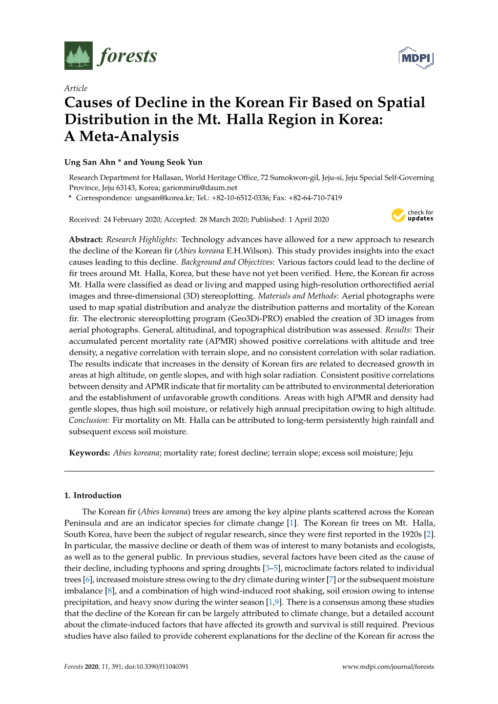 Causes of Decline in the Korean Fir Based on Spatial Distribution in the Mt. Halla Region in Korea: a Meta-Analysis