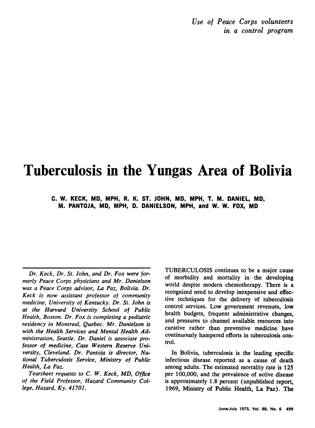 Tuberculosis in the Yungas Area of Bolivia