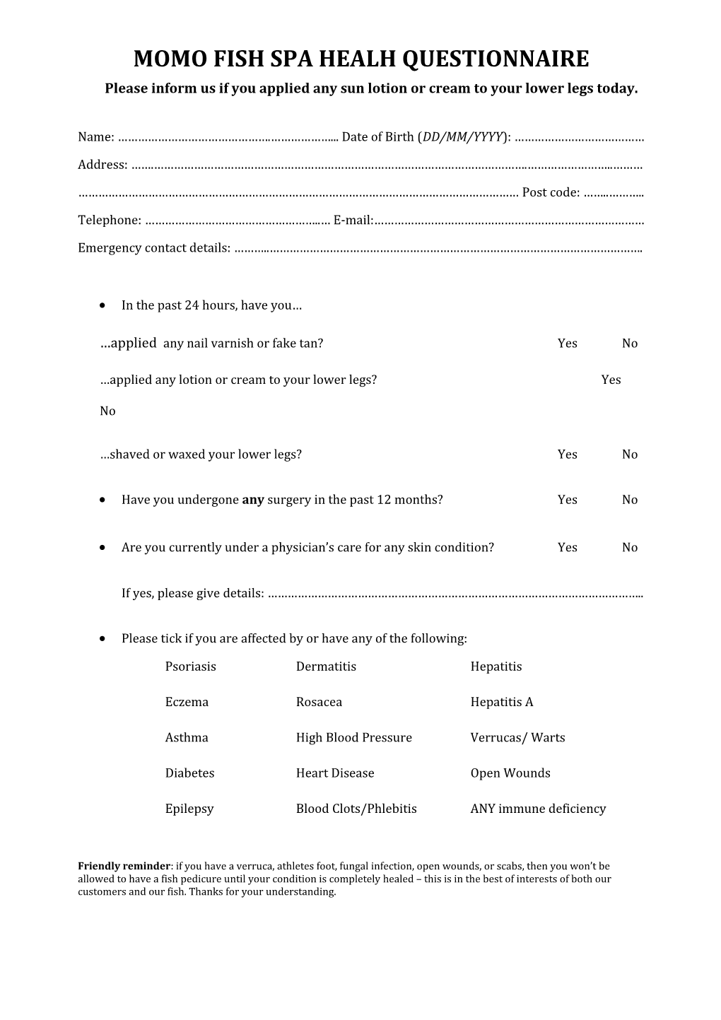 Health Questionnaire - Momo Fish Spa