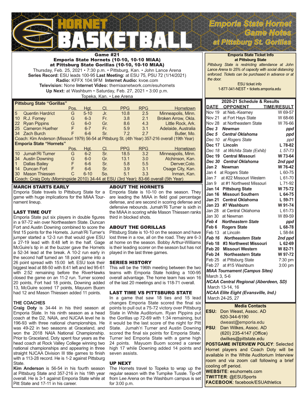 Emporia State Hornet Game Notes at Pittsburg St