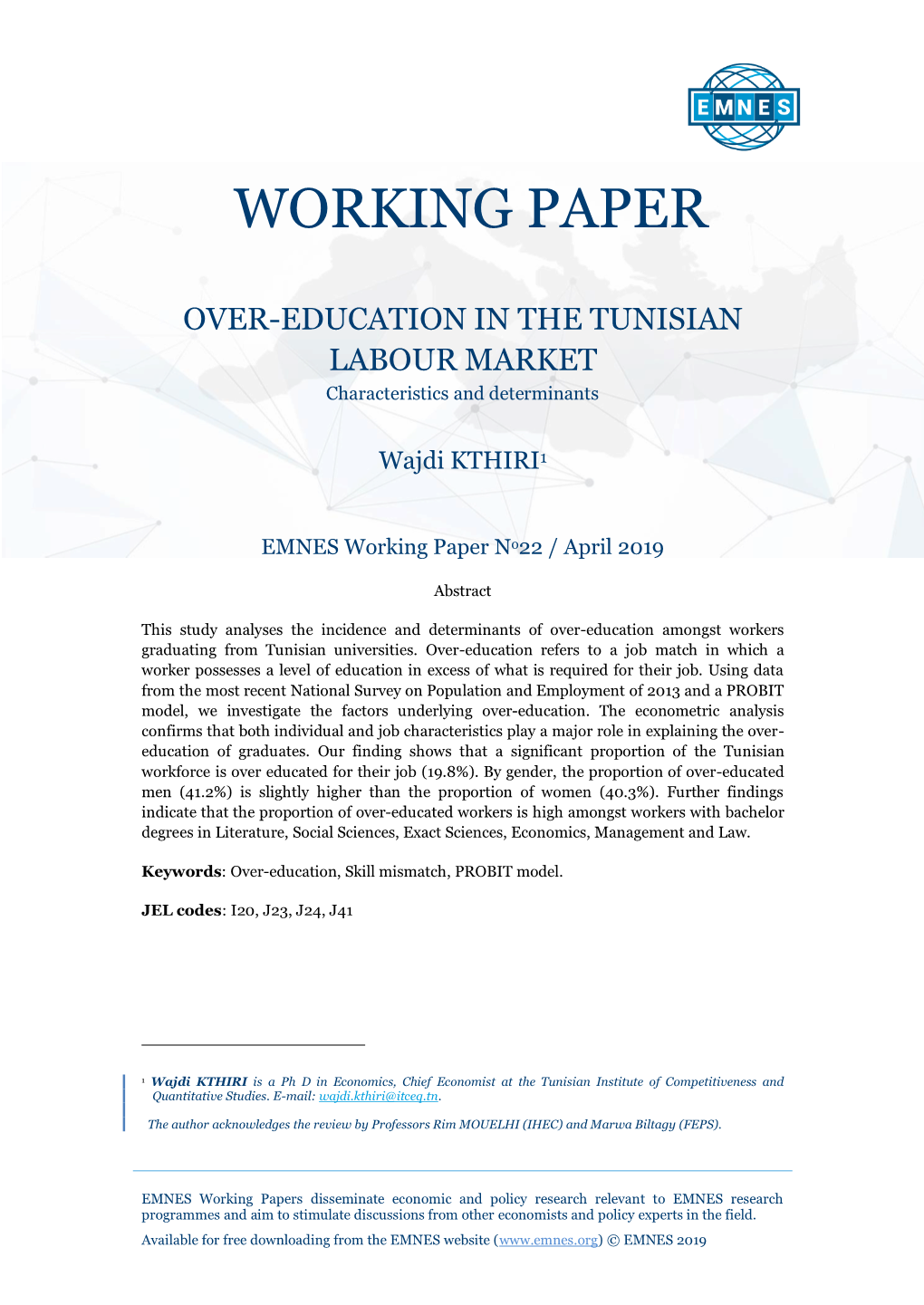 EMNES Working Paper : Over Education Tunisian Labour Market