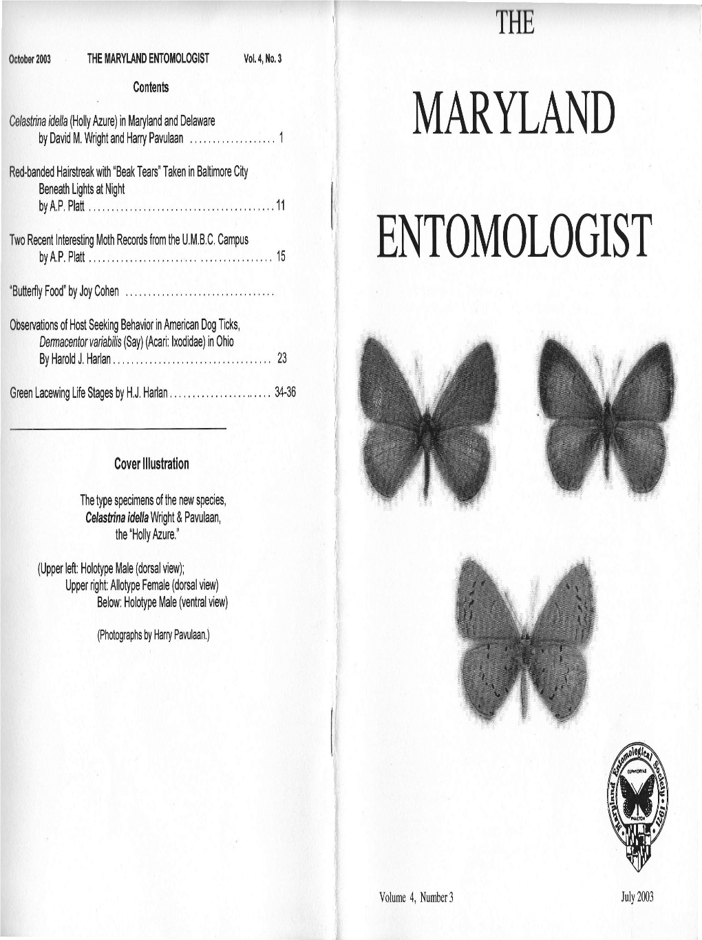 MARYLAND ENTOMOLOGICAL SOCIETY Executivecommittee: President ....Fredparas Celastrinaidella (Ijolly Azure) in Maryland and Delaware Vice President