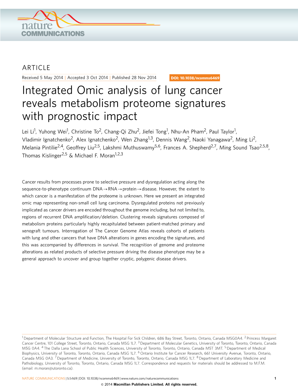 Integrated Omic Analysis of Lung Cancer Reveals Metabolism Proteome Signatures with Prognostic Impact