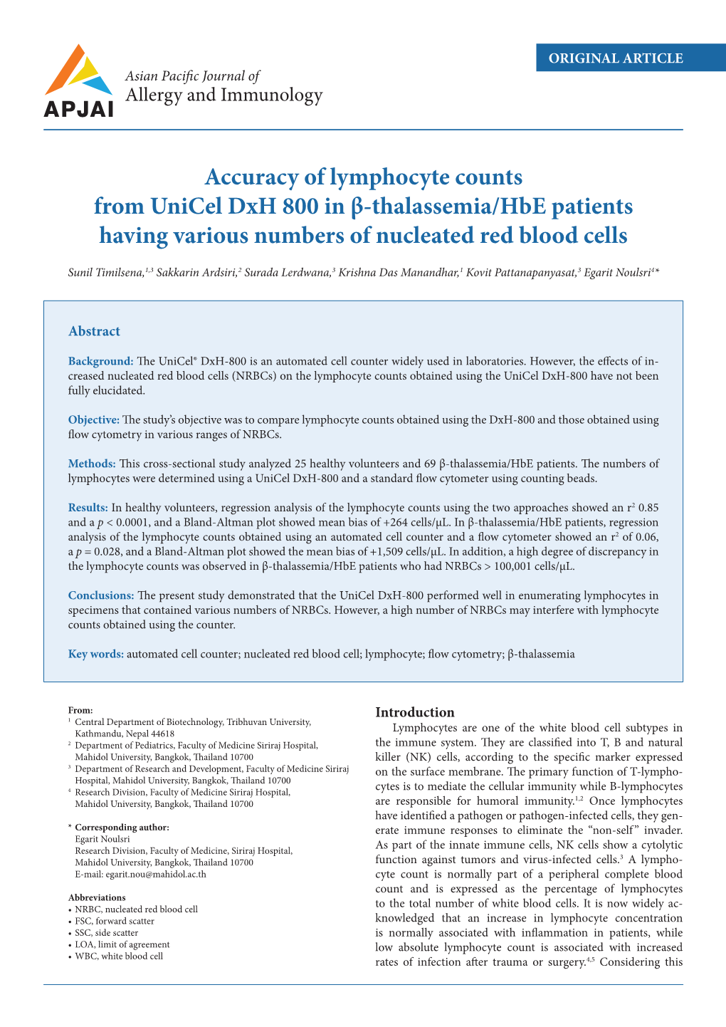 Accuracy of Lymphocyte Counts from Unicel Dxh 800 in Β-Thalassemia/Hbe Patients Having Various Numbers of Nucleated Red Blood Cells