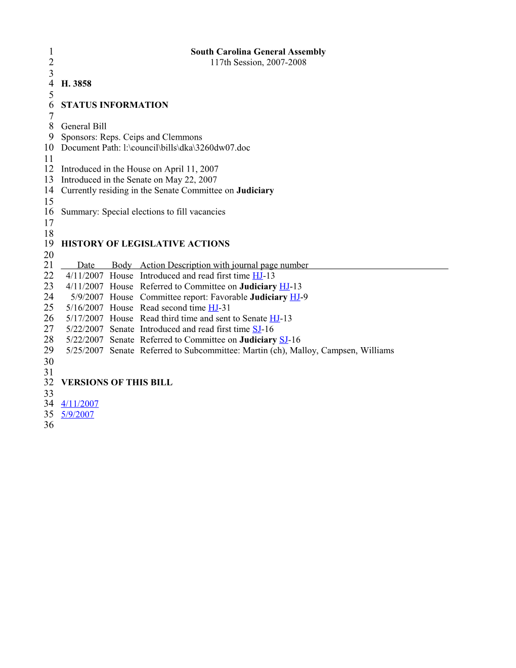 2007-2008 Bill 3858: Special Elections to Fill Vacancies - South Carolina Legislature Online