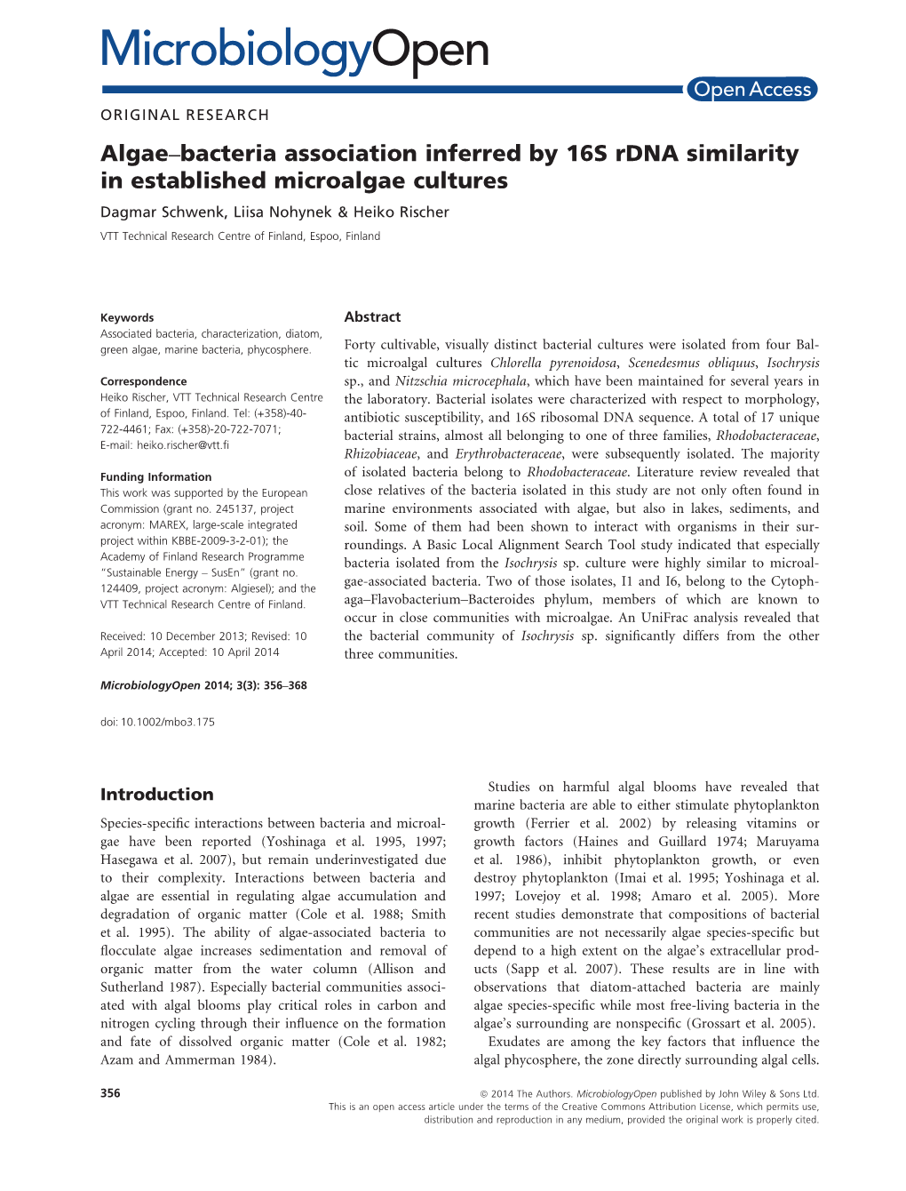 Algaebacteria Association Inferred by 16S Rdna Similarity in Established