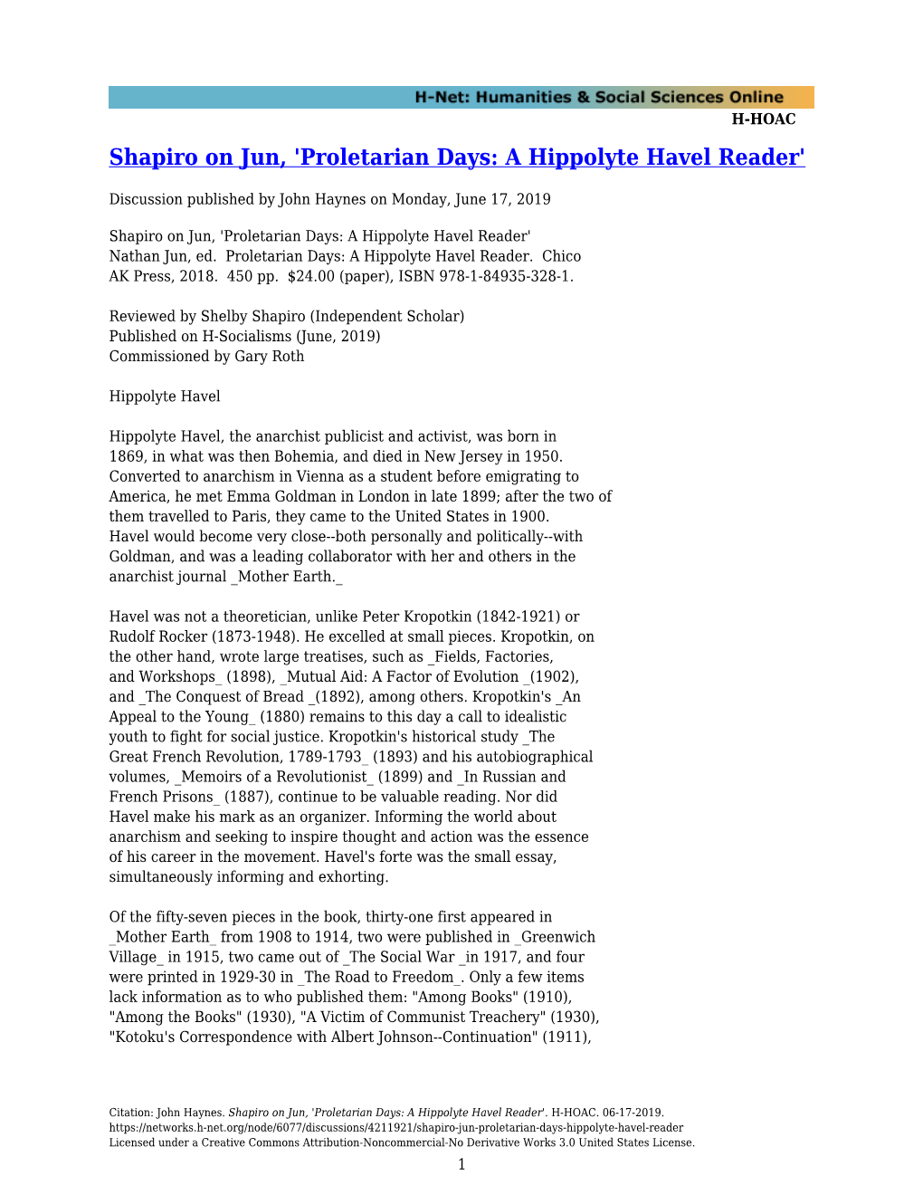 Shapiro on Jun, 'Proletarian Days: a Hippolyte Havel Reader'