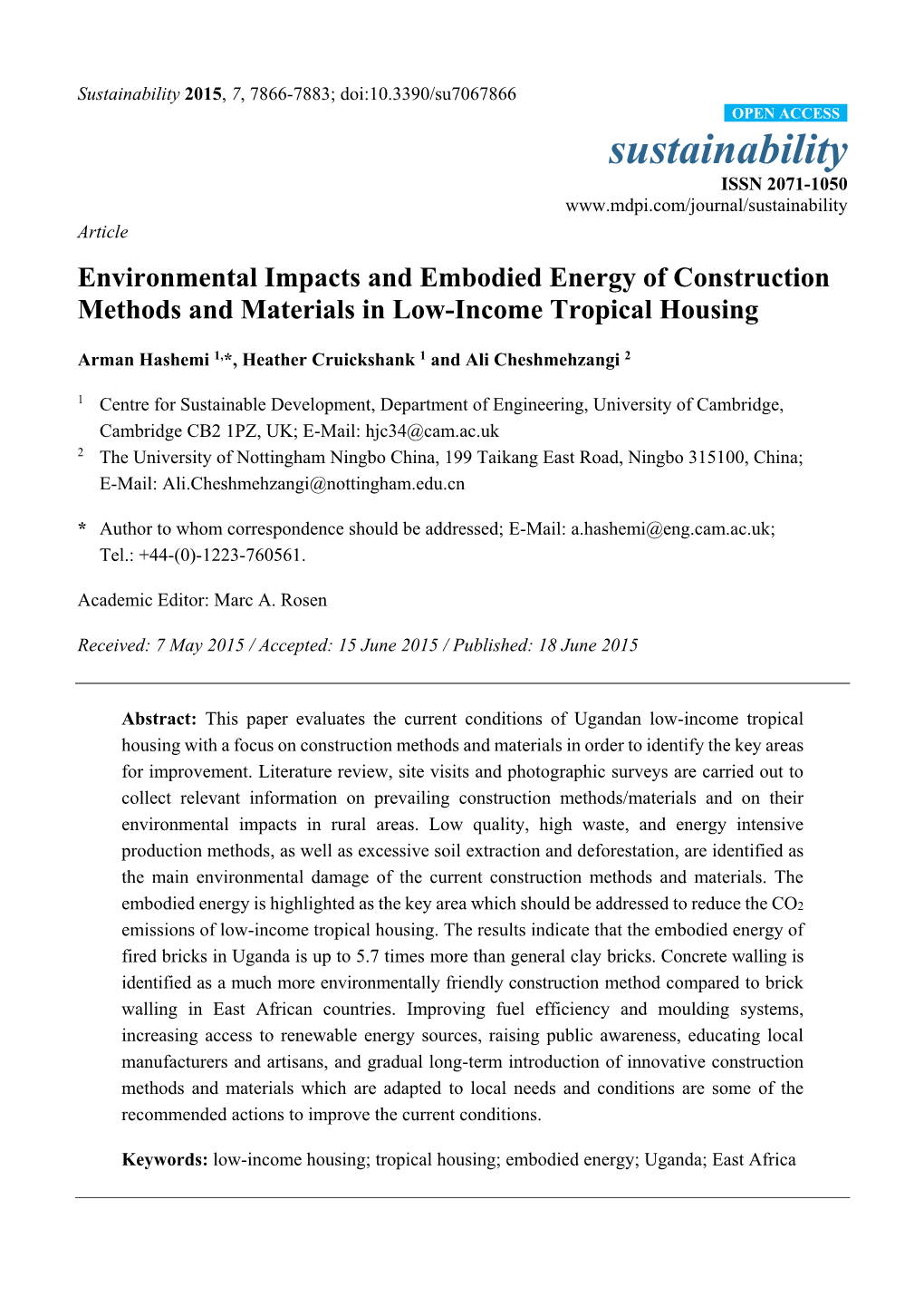 Environmental Impacts and Embodied Energy of Construction Methods and Materials in Low-Income Tropical Housing