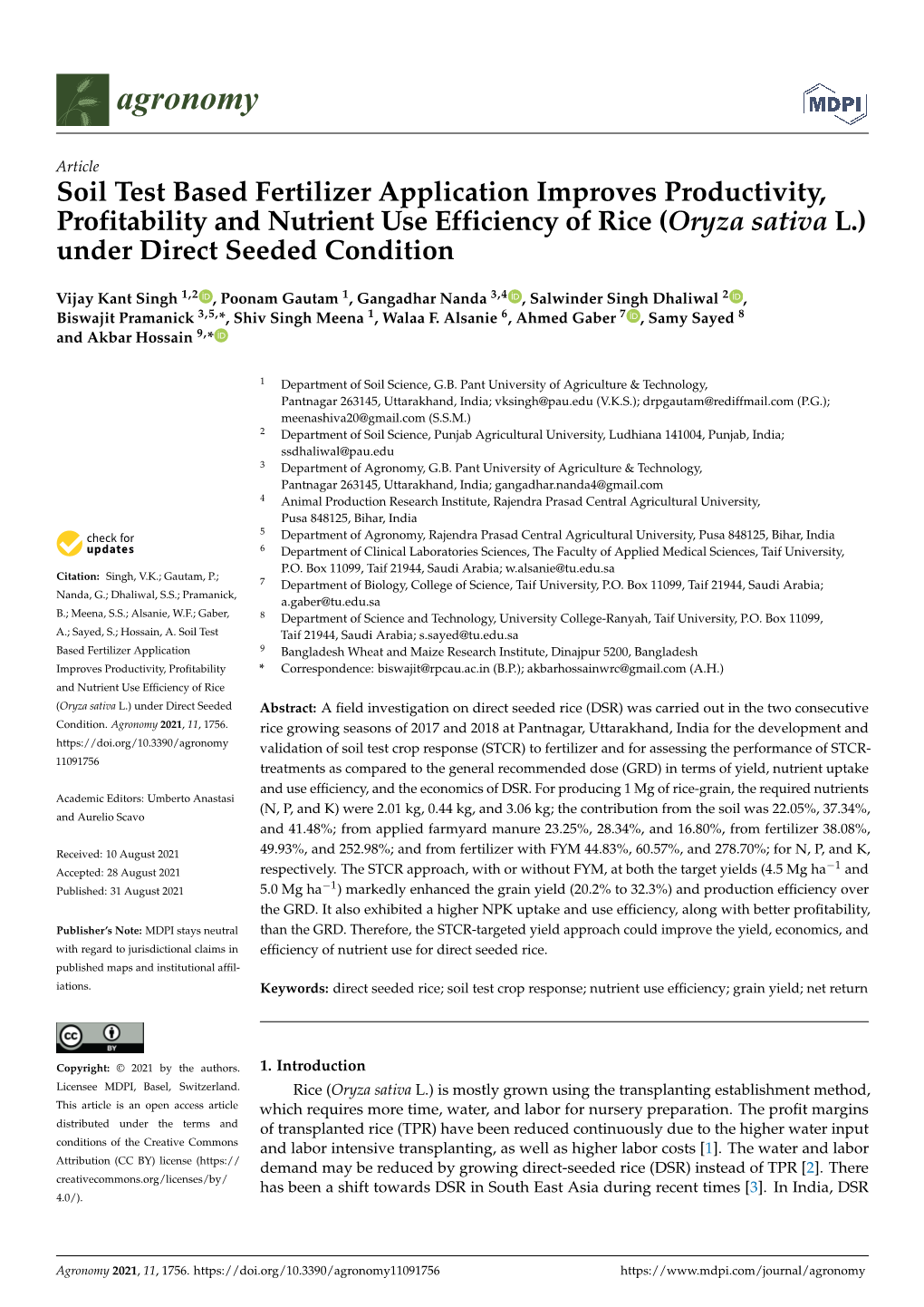 Soil Test Based Fertilizer Application Improves Productivity, Profitability and Nutrient Use Efficiency of Rice (Oryza Sativa L.) Under Direct Seeded Condition