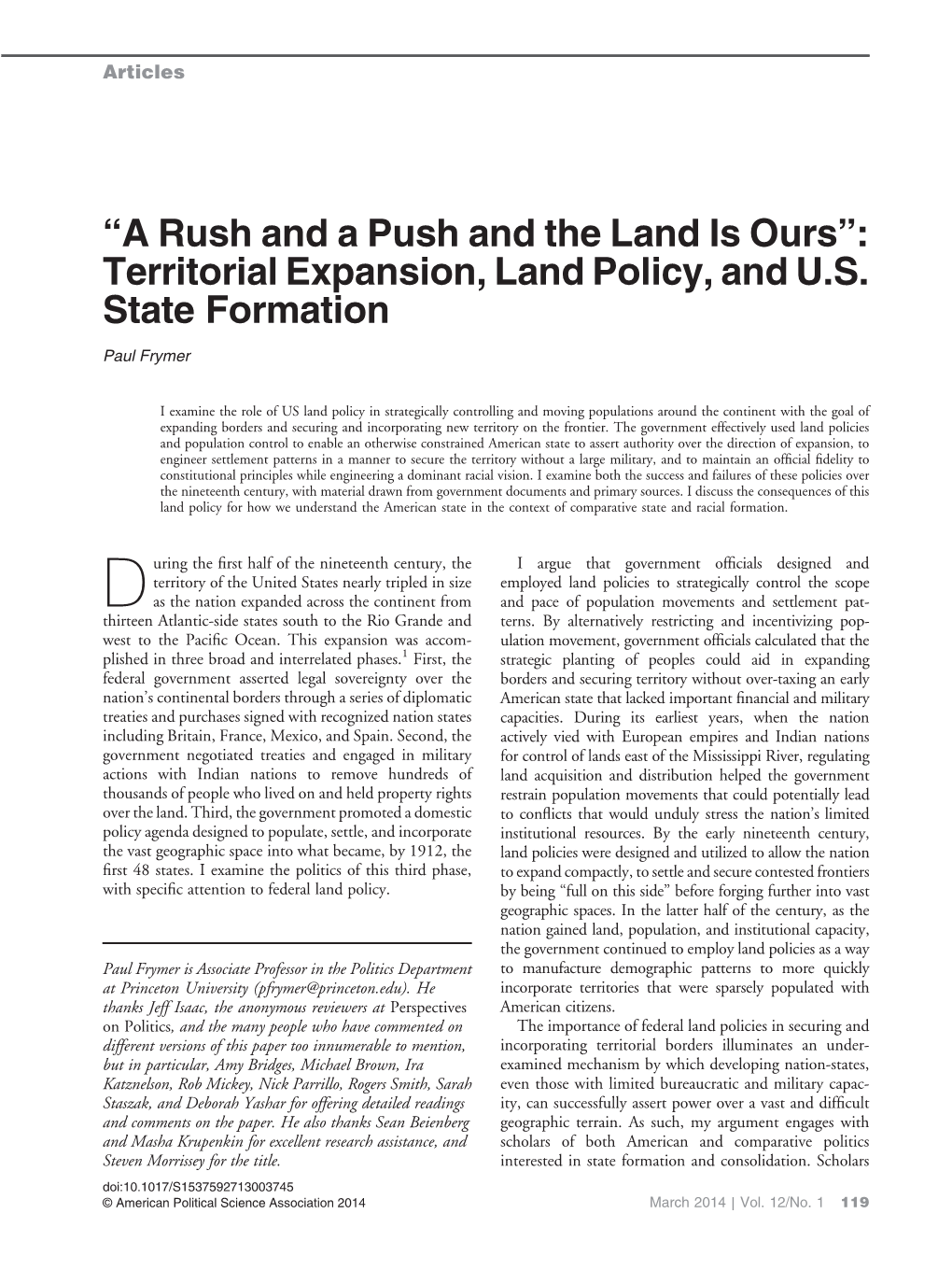 “A Rush and a Push and the Land Is Ours”: Territorial Expansion, Land Policy, and U.S