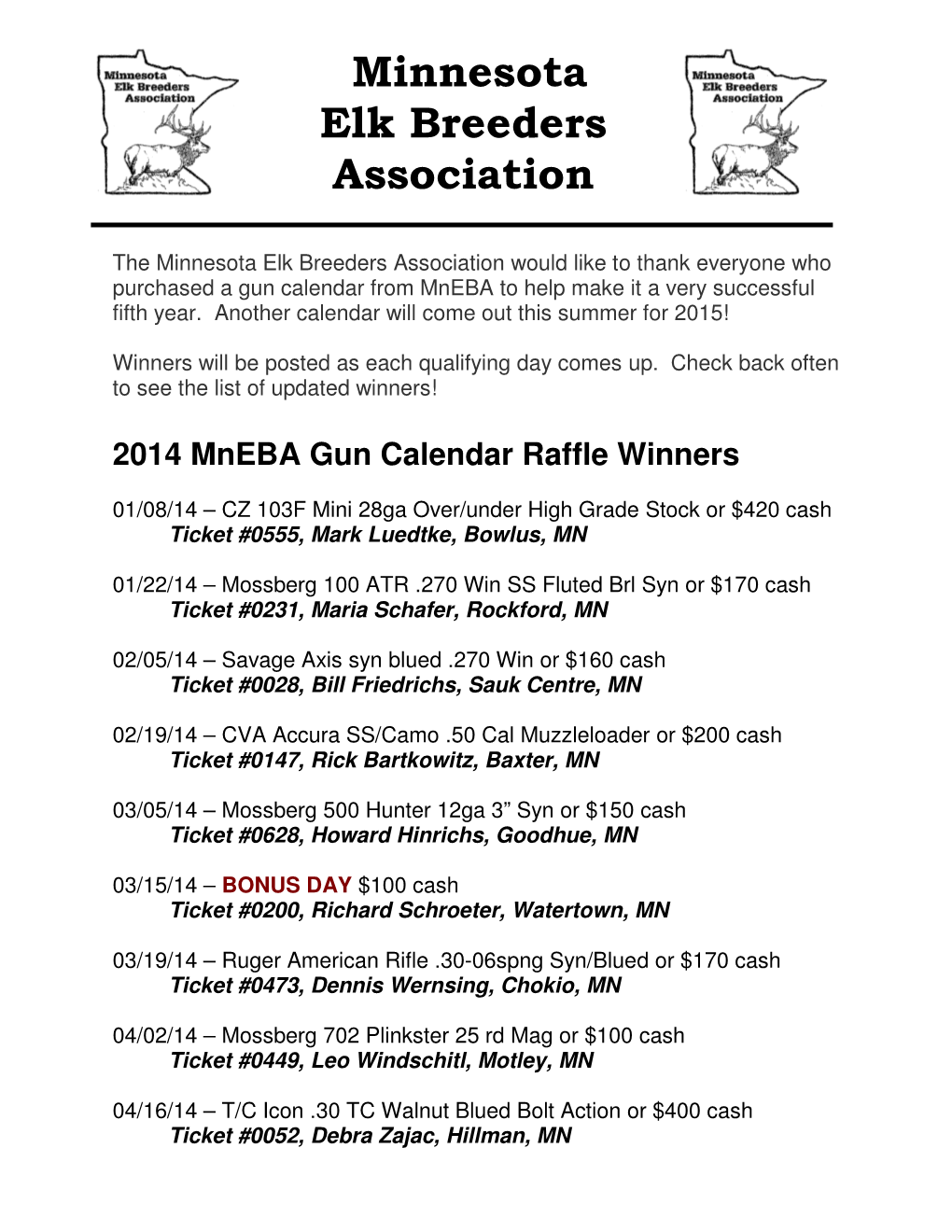 2014 Mneba Gun Calendar Raffle Winners