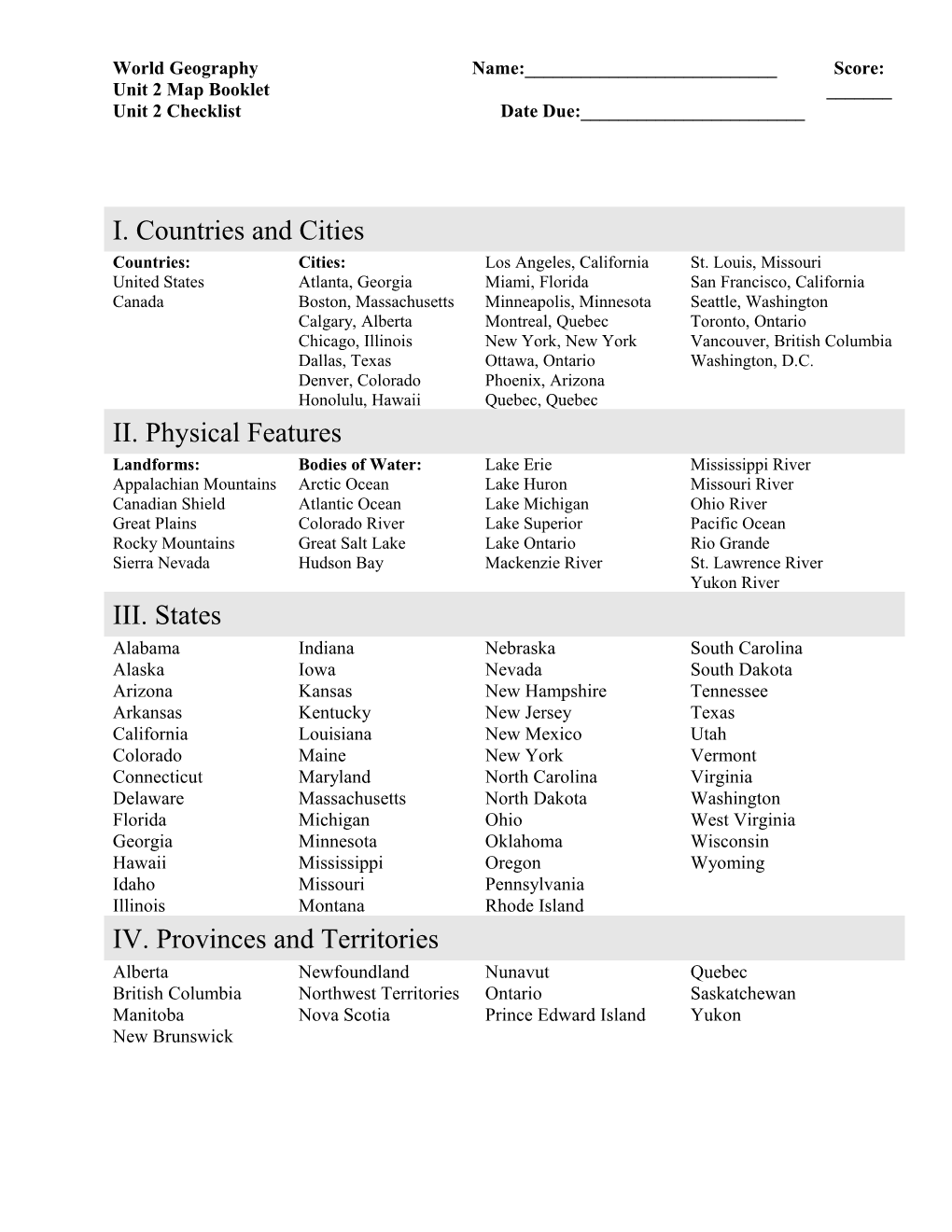 World Geography Unit 2 Map Booklet Unit 2 Checklist