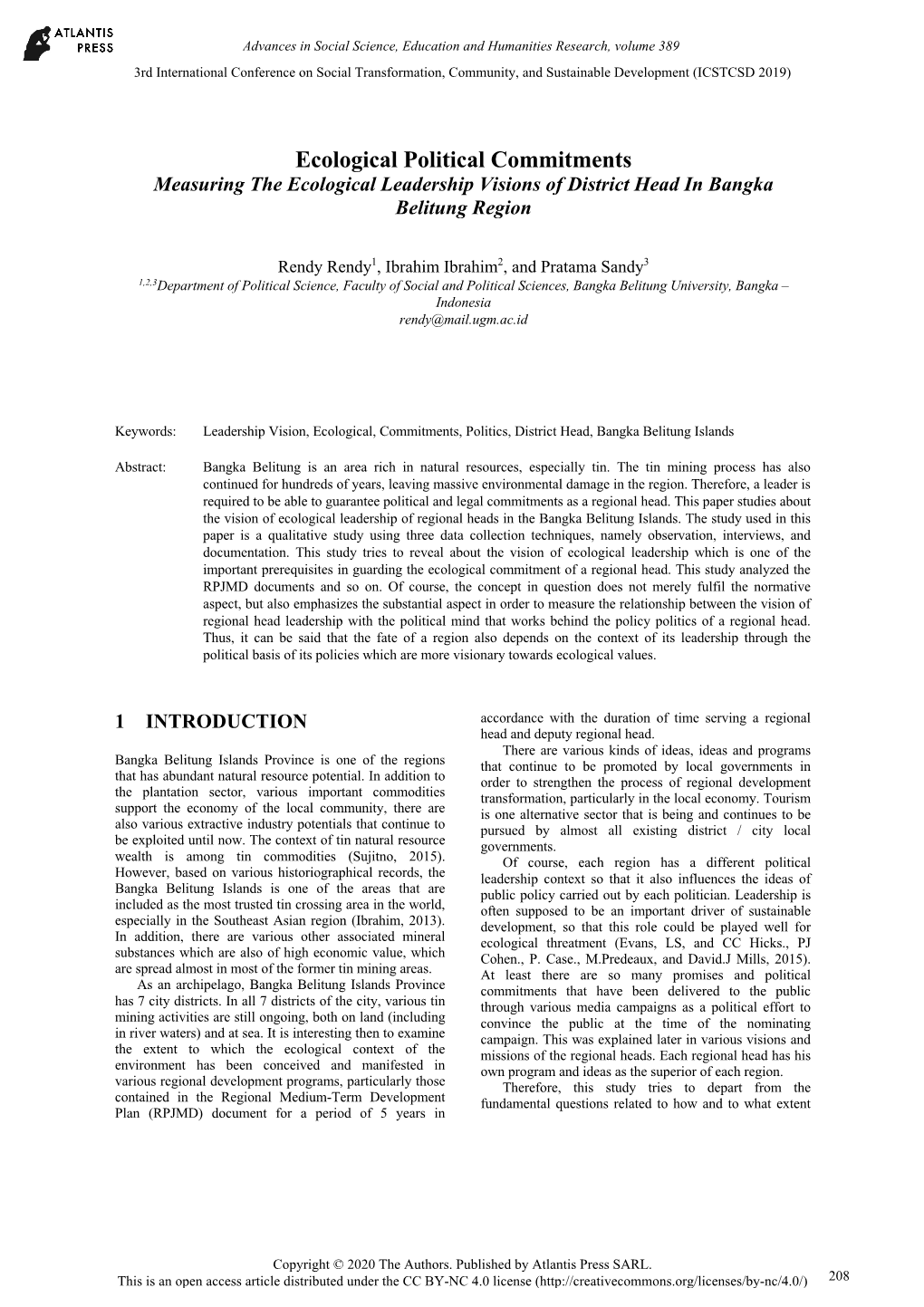 Ecological Political Commitments Measuring the Ecological Leadership Visions of District Head in Bangka Belitung Region