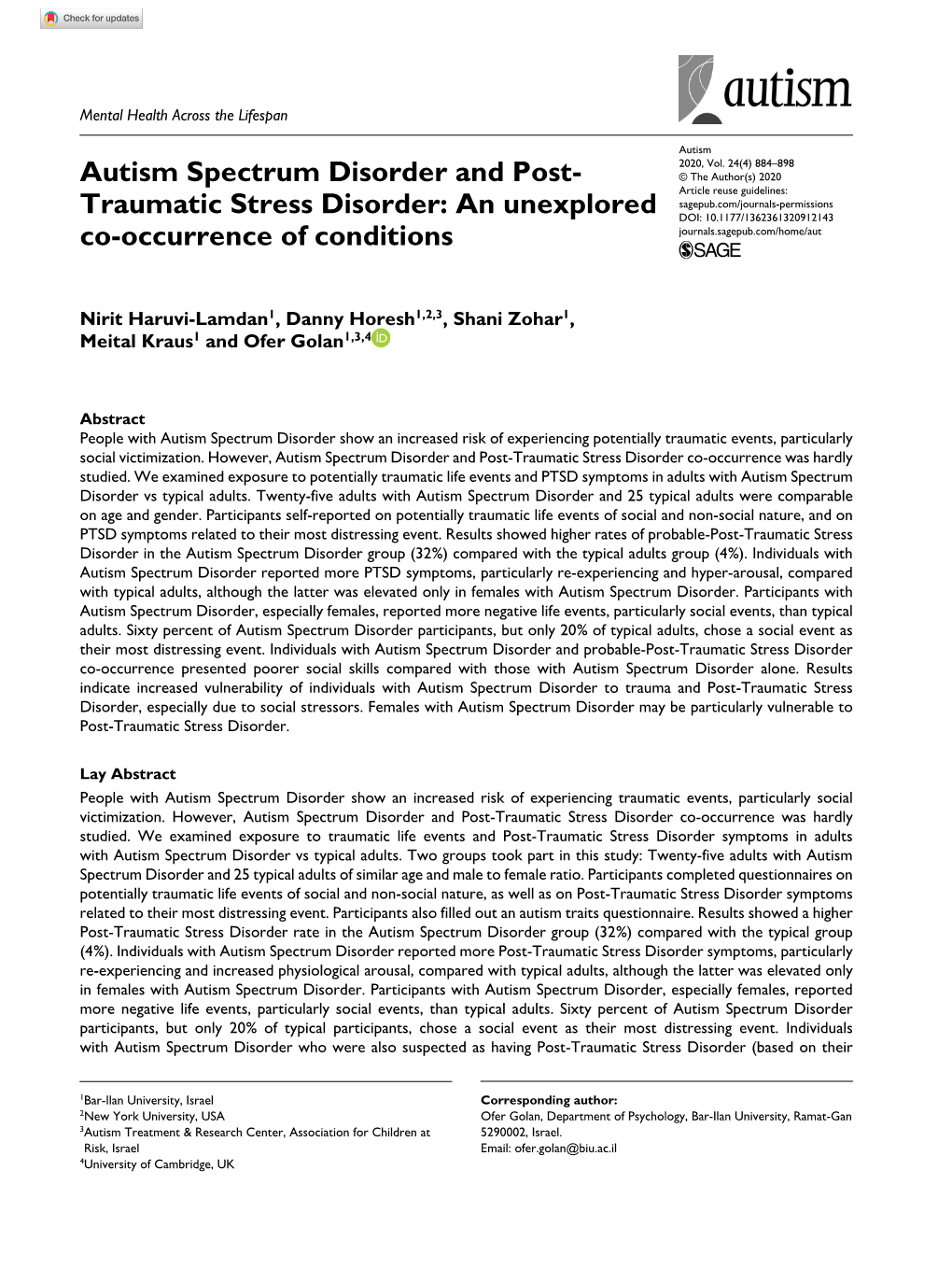 Autism Spectrum Disorder and Post-Traumatic Stress Disorder: An