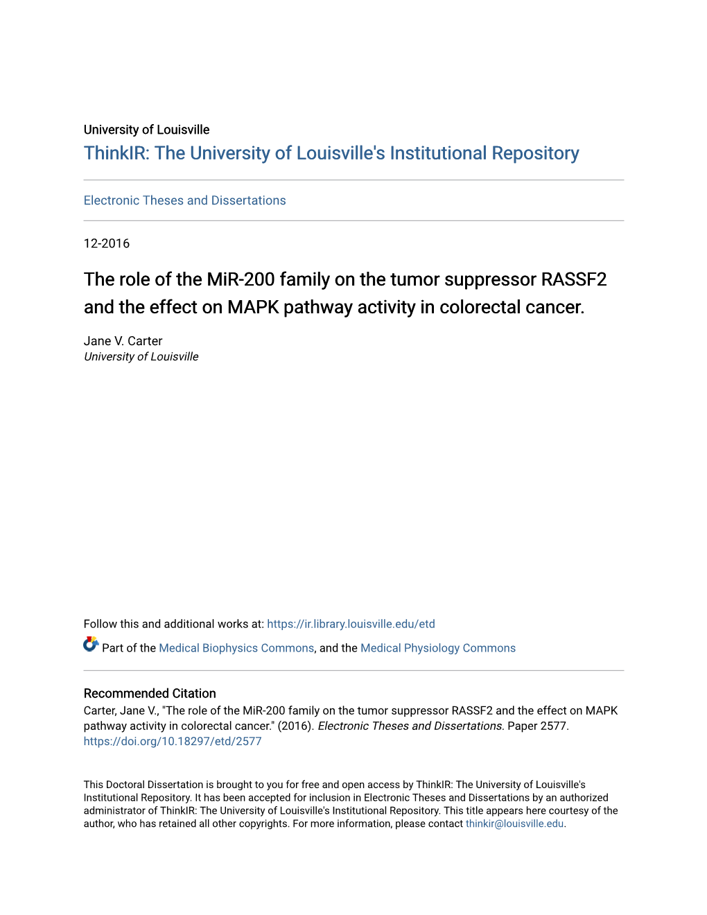 The Role of the Mir-200 Family on the Tumor Suppressor RASSF2 and the Effect on MAPK Pathway Activity in Colorectal Cancer