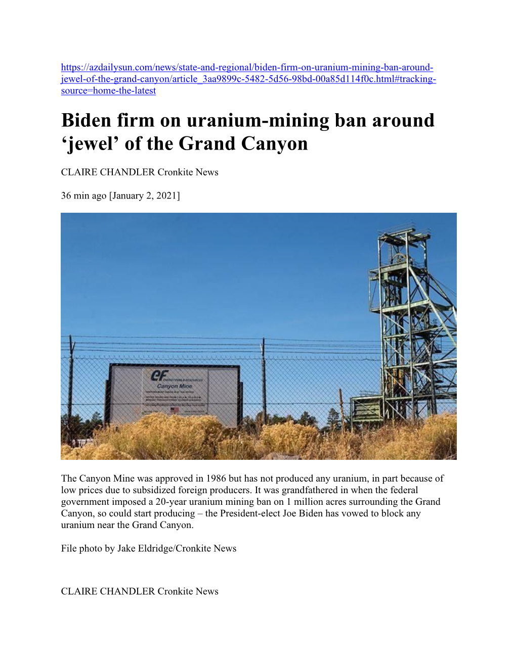 Biden Firm on Uranium-Mining Ban Around ‘Jewel’ of the Grand Canyon