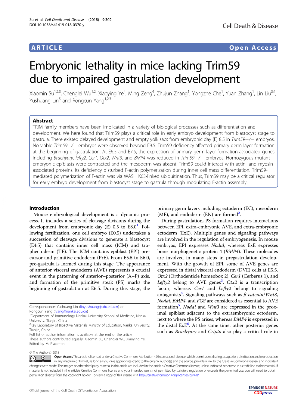 Embryonic Lethality in Mice Lacking Trim59 Due to Impaired Gastrulation