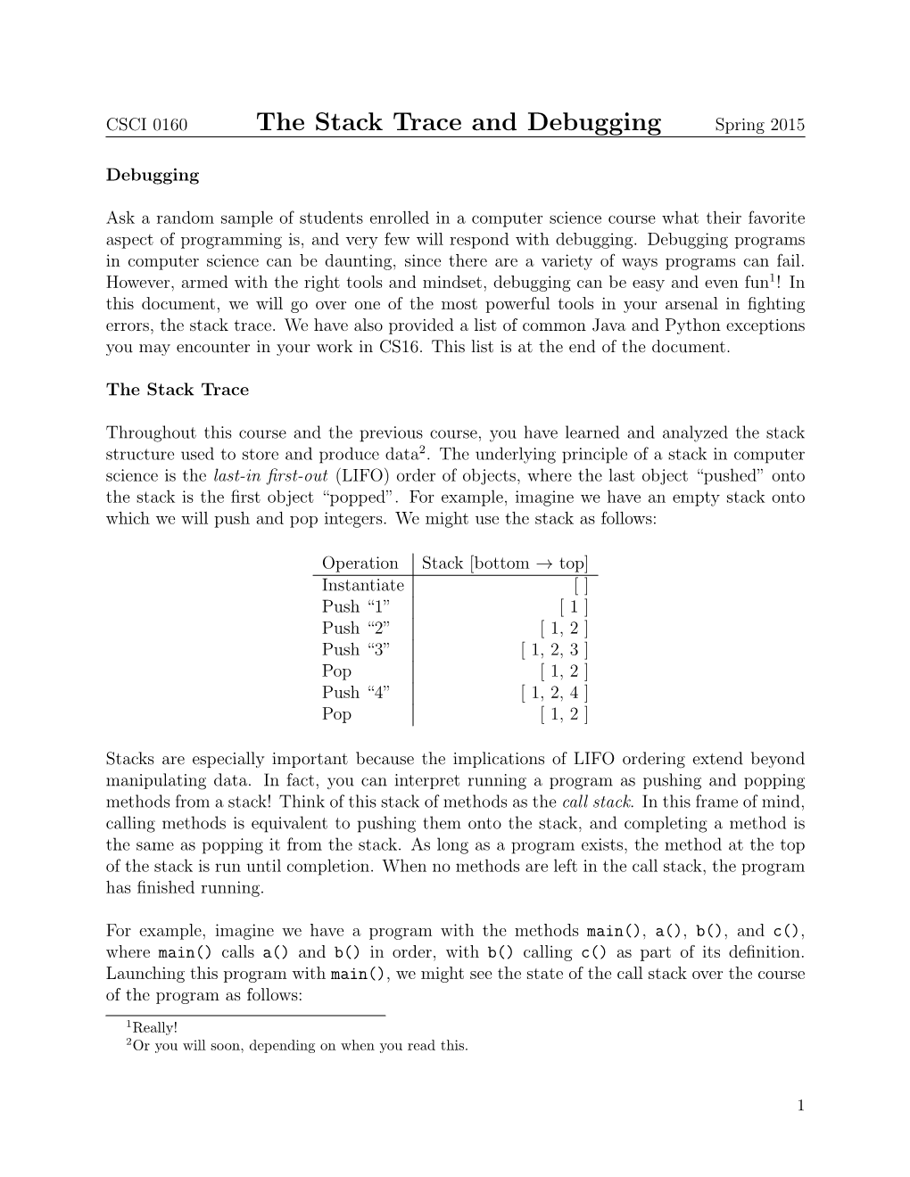 The Stack Trace and Debugging Spring 2015