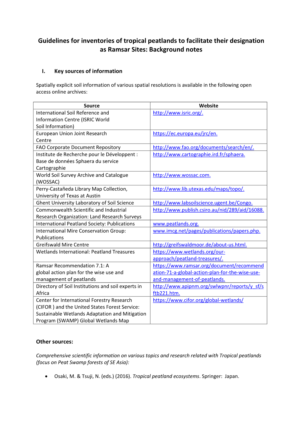 Guidelines for Inventories of Tropical Peatlands to Facilitate Their Designation As Ramsar Sites: Background Notes