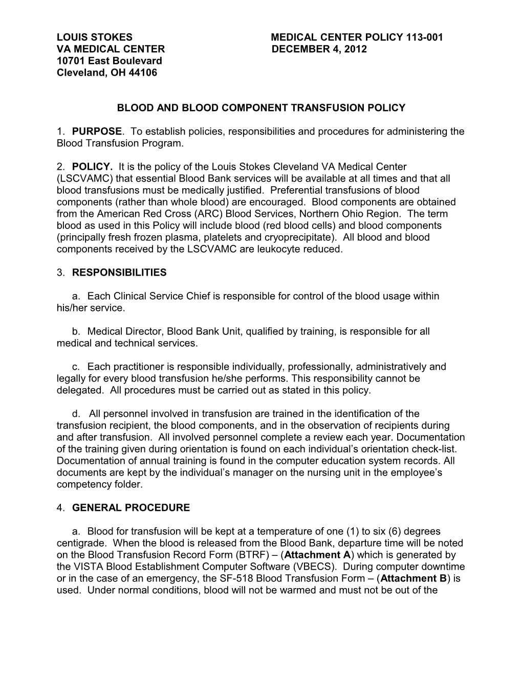 Blood And Blood Component Transfusion Policy