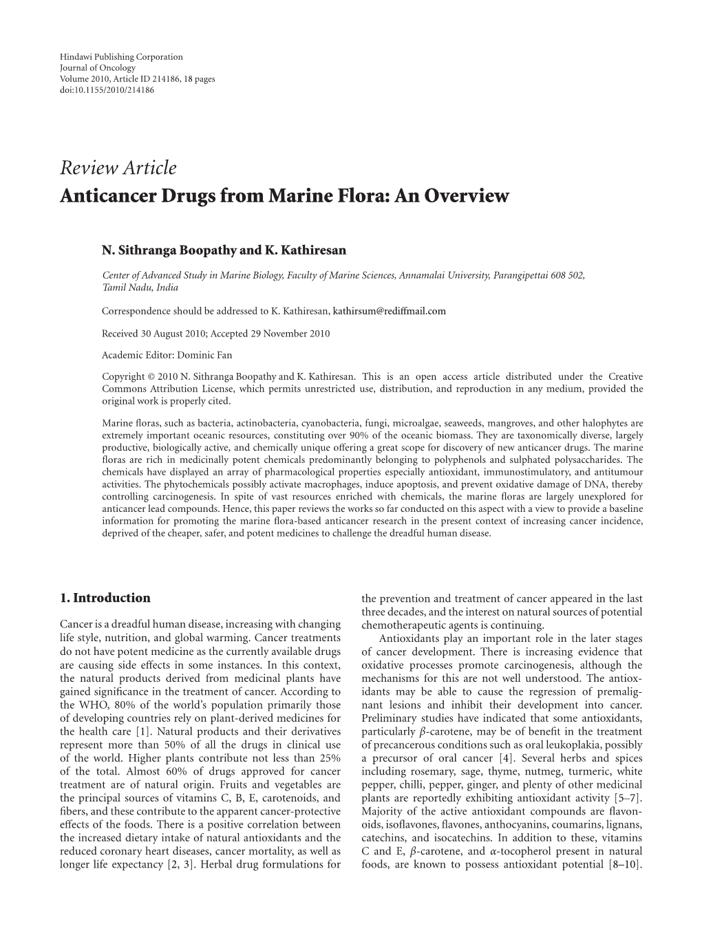 Review Article Anticancer Drugs from Marine Flora: an Overview