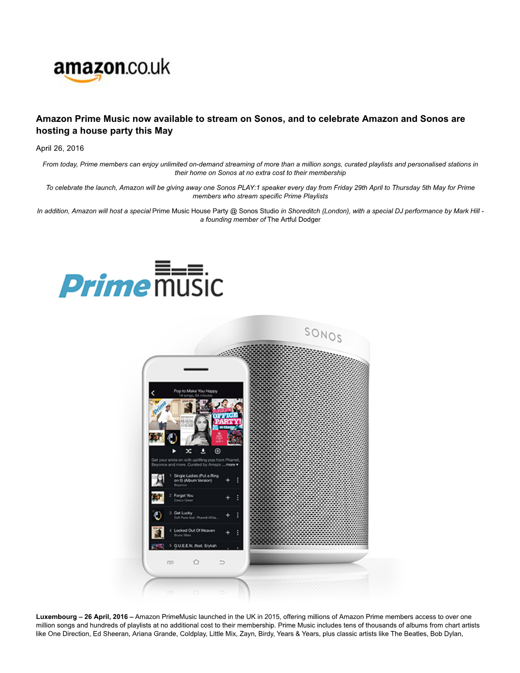 Amazon Prime Music Now Available to Stream on Sonos, and to Celebrate Amazon and Sonos Are Hosting a House Party This May