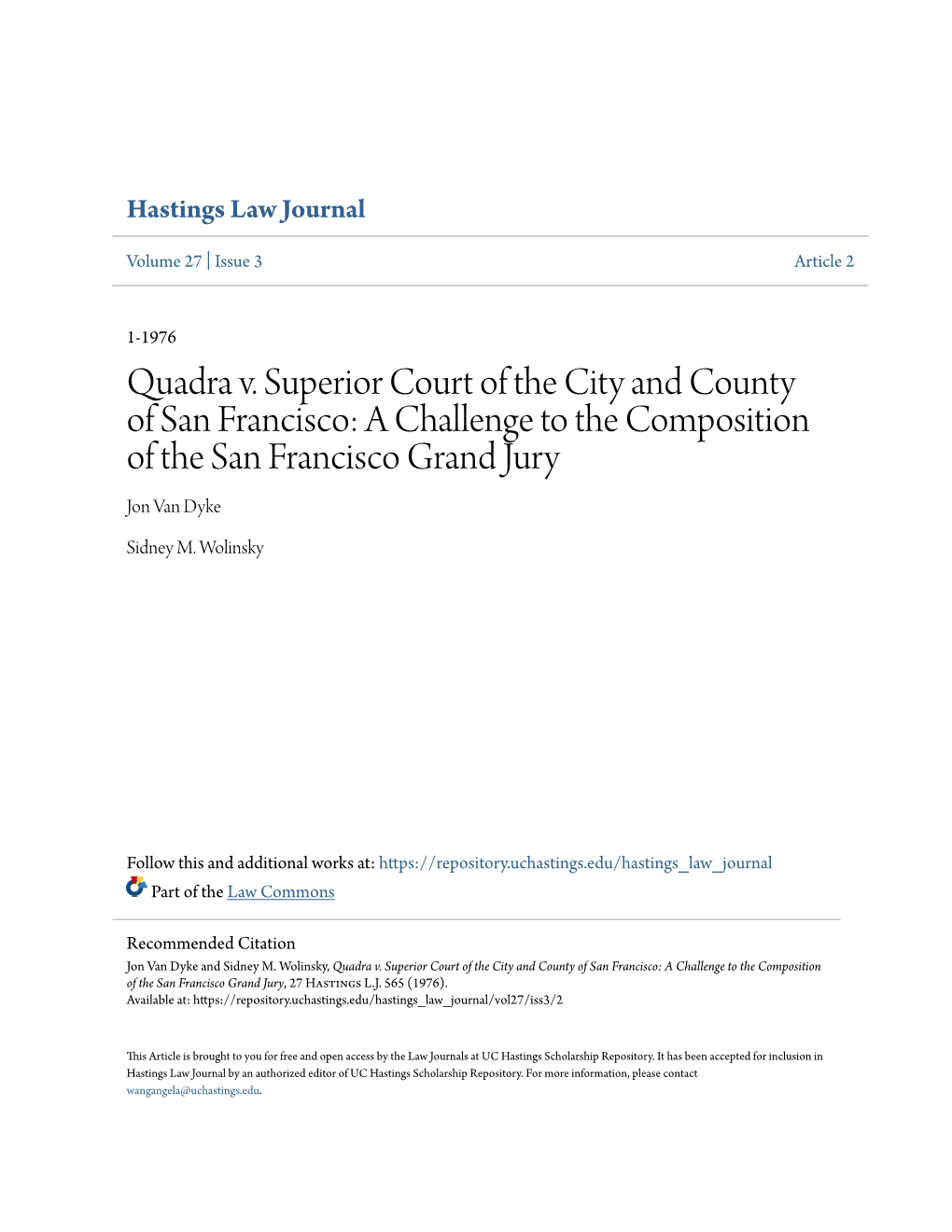 Quadra V. Superior Court of the City and County of San Francisco: a Challenge to the Composition of the San Francisco Grand Jury Jon Van Dyke