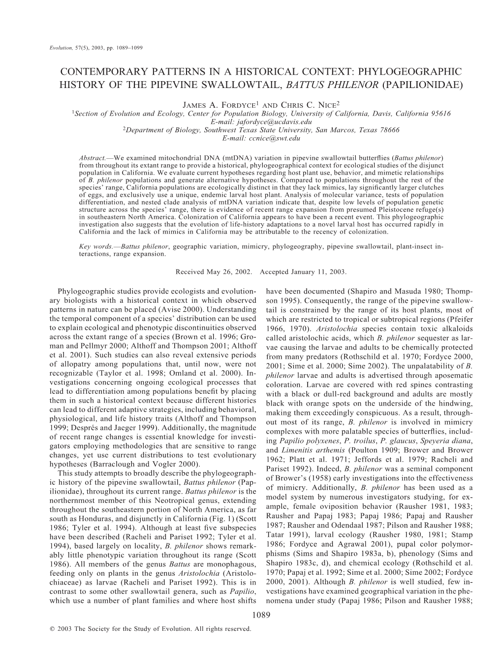 Phylogeographic History of the Pipevine Swallowtail, Battus Philenor (Papilionidae)