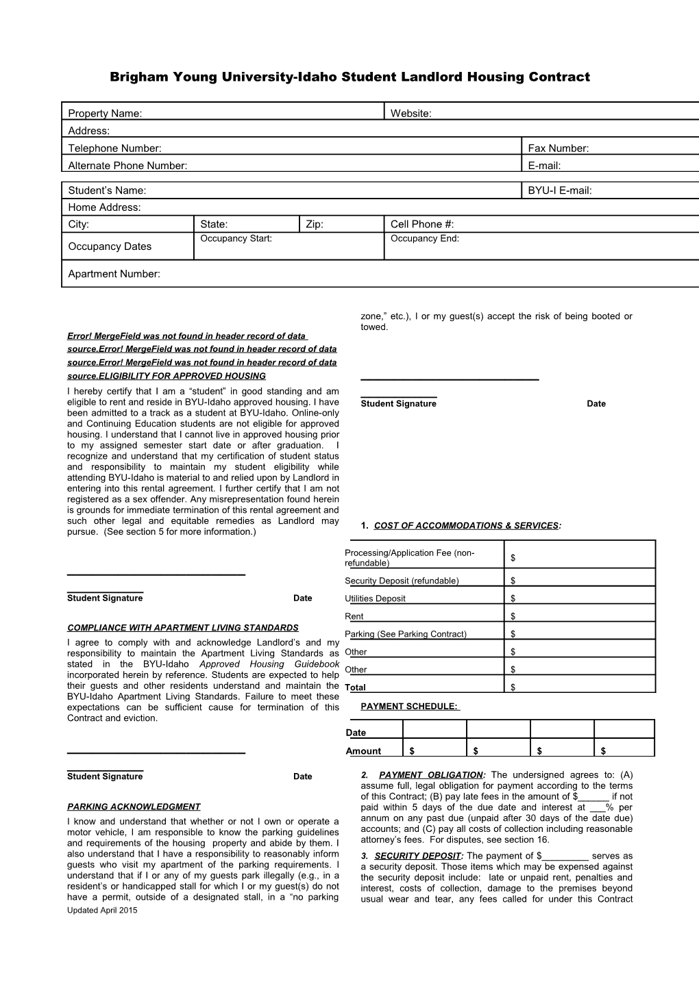 Brigham Young University-Idaho Student Landlord Housing Contract