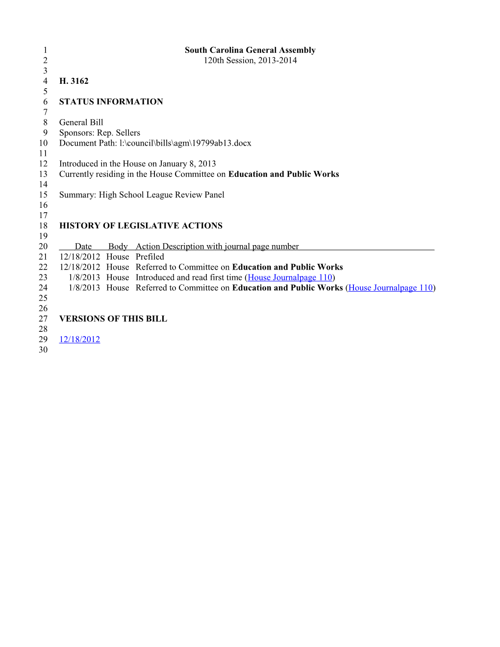 2013-2014 Bill 3162: High School League Review Panel - South Carolina Legislature Online