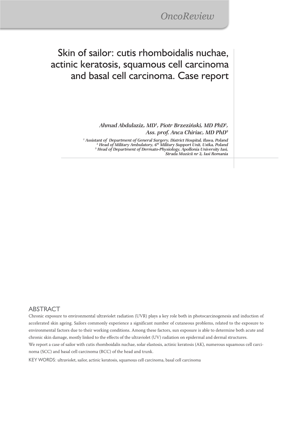 Skin of Sailor: Cutis Rhomboidalis Nuchae, Actinic Keratosis, Squamous Cell Carcinoma and Basal Cell Carcinoma