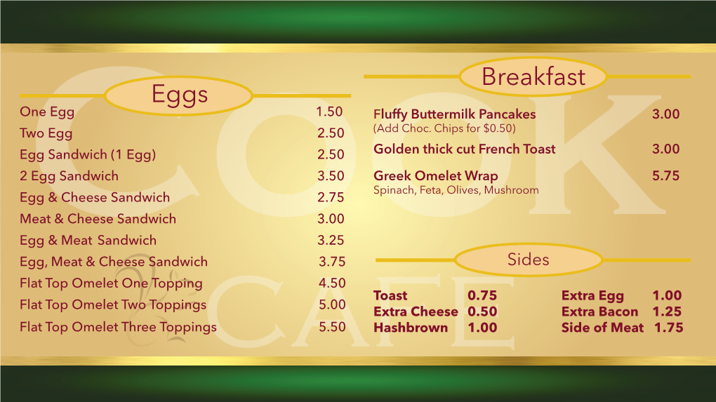 Breakfast Eggs One Egg 1.50 Fluffy Buttermilk Pancakes 3.00 Two Egg 2.50 (Add Choc