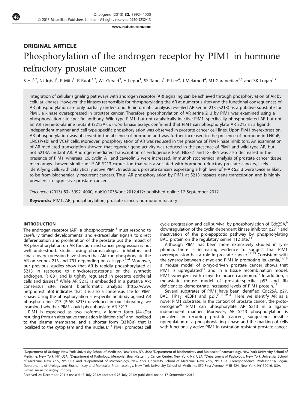 Phosphorylation of the Androgen Receptor by PIM1 in Hormone Refractory Prostate Cancer