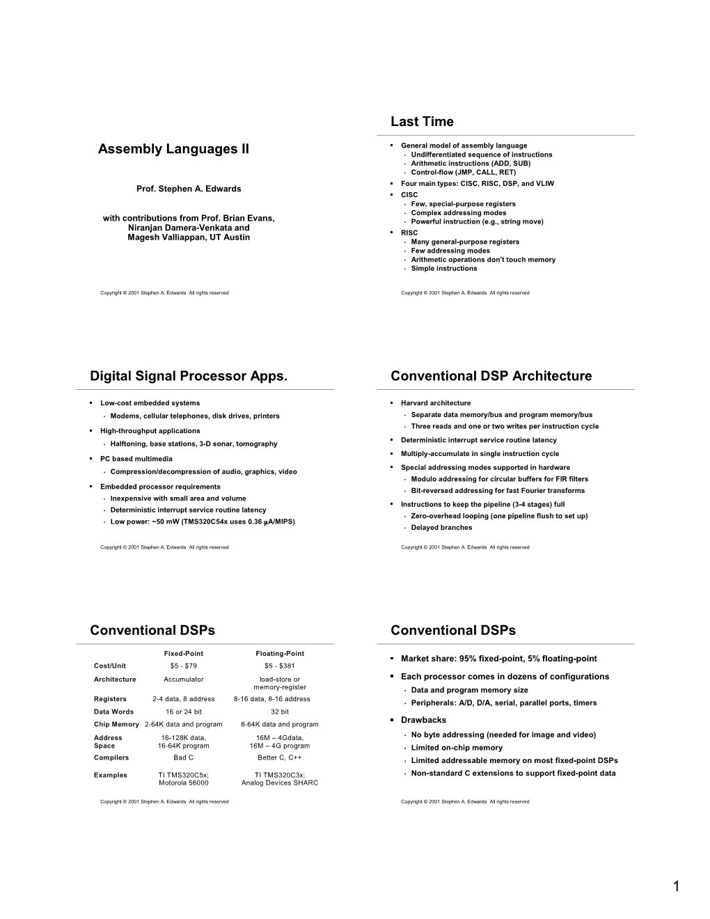 Assembly Languages II Last Time Digital Signal Processor Apps