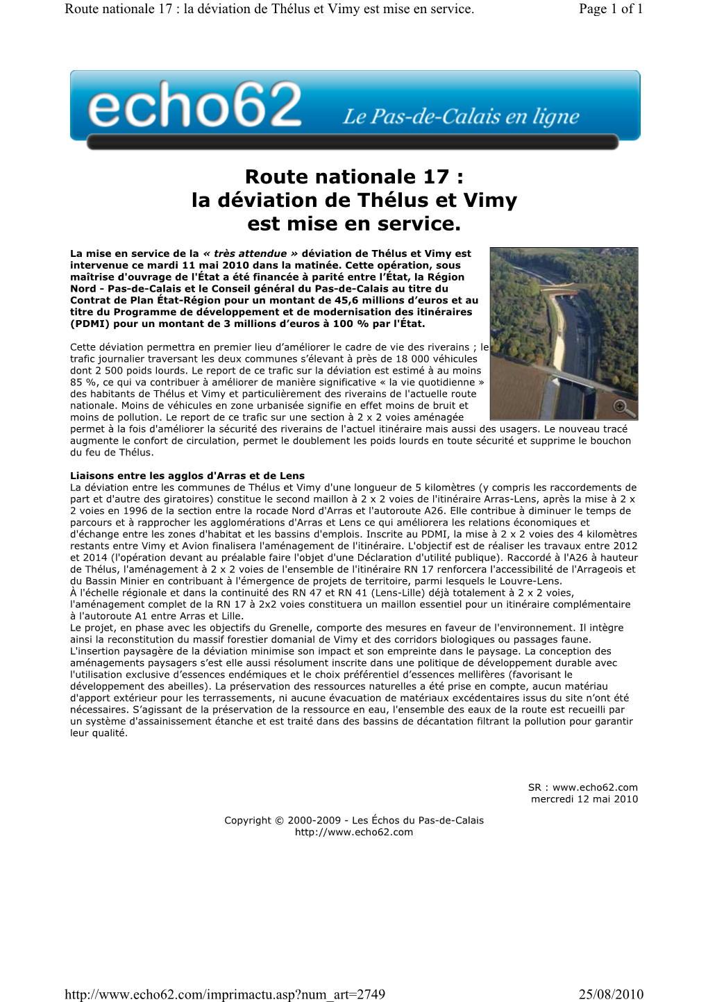 Route Nationale 17 : La Déviation De Thélus Et Vimy Est Mise En Service. Page 1 of 1