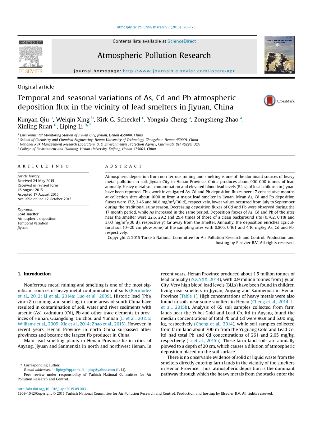 Temporal and Seasonal Variations of As, Cd and Pb Atmospheric Deposition ﬂux in the Vicinity of Lead Smelters in Jiyuan, China