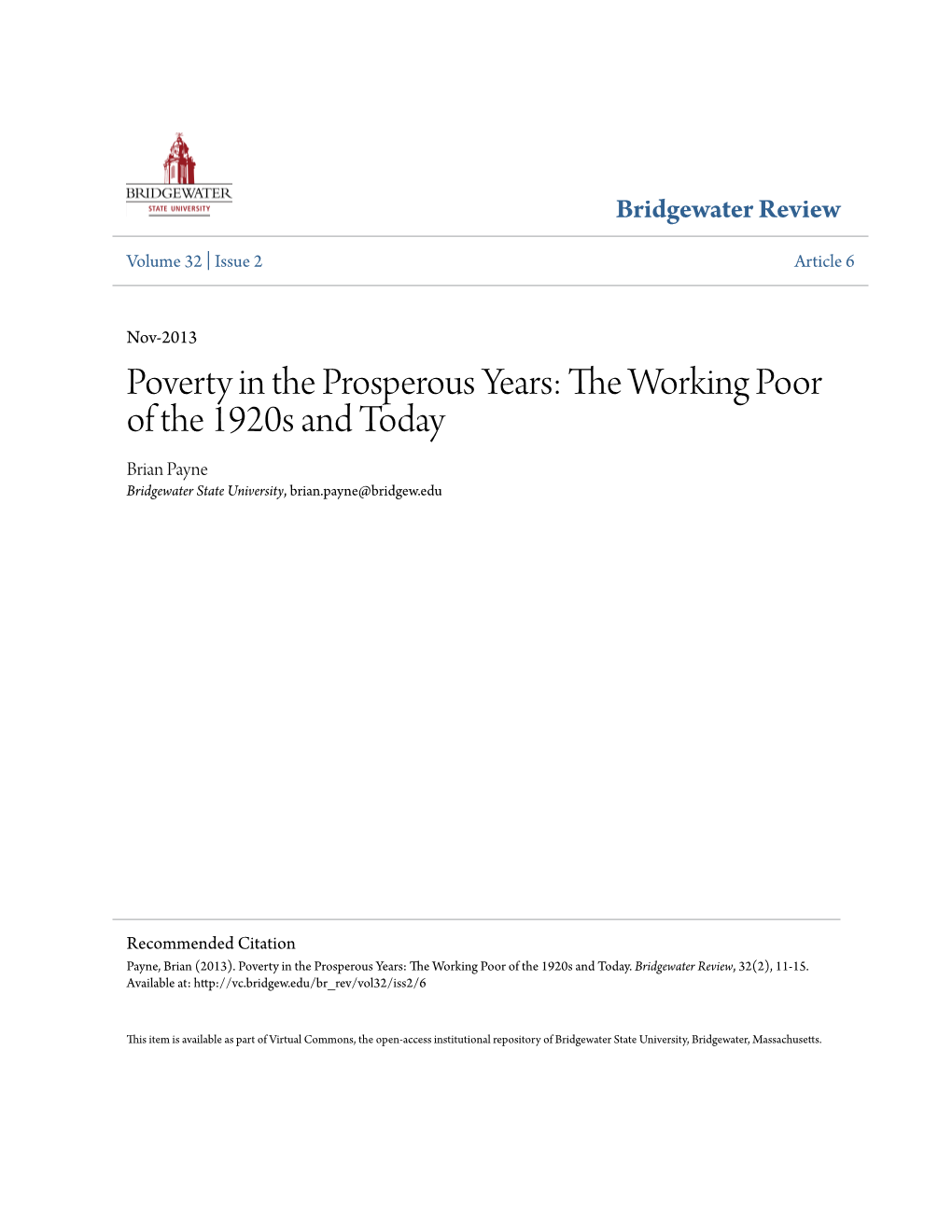 Poverty in the Prosperous Years: the Working Poor of the 1920S and Today