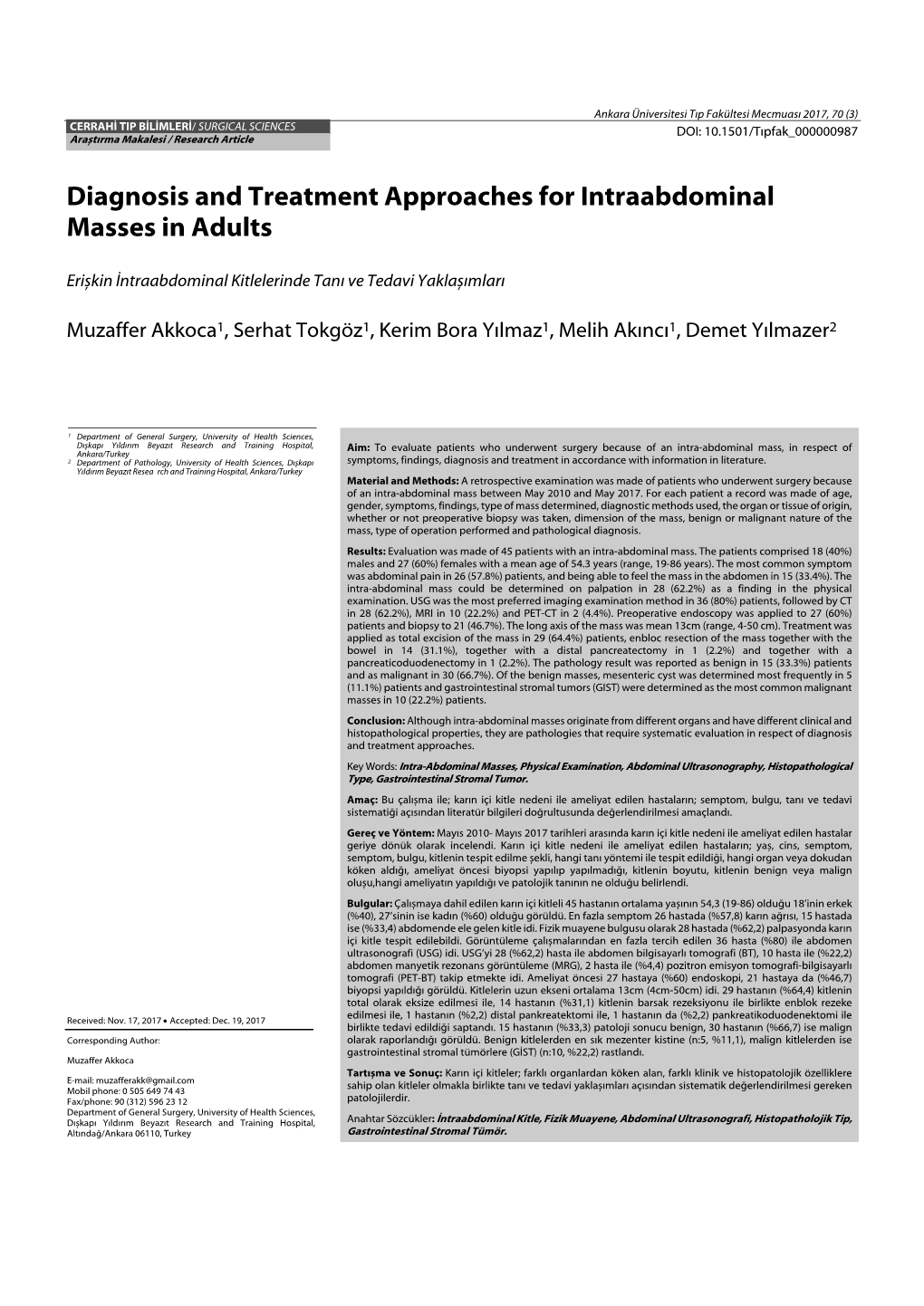 Diagnosis and Treatment Approaches for Intraabdominal Masses in Adults