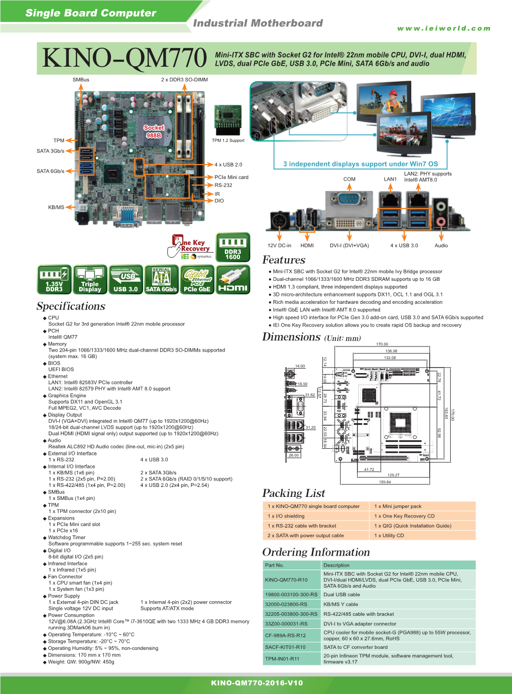 KINO-QM770 LVDS, Dual Pcie Gbe, USB 3.0, Pcie Mini, SATA 6Gb/S and Audio Smbus 2 X DDR3 SO-DIMM